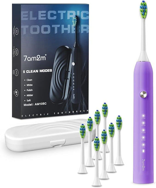 7AM2M Sonic Electric Toothbrush for Adults and Kids, with 8 Brush Heads and Travel Case,5 Modes with 2 Minutes Built in Smart Timer, One Charge Use for 90 Days, Rechargeable Toothbrushes (Purple)