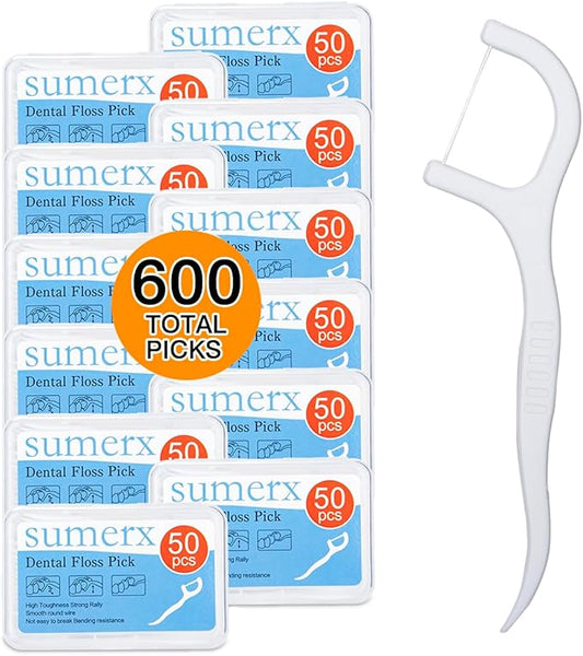 600 Count Dental Floss Picks – Toothpicks for Deep Cleaning, Comfortable Handle to Care Teeth Clean Flat Wire – 50 Pack with Picks Per Portable Case for Family