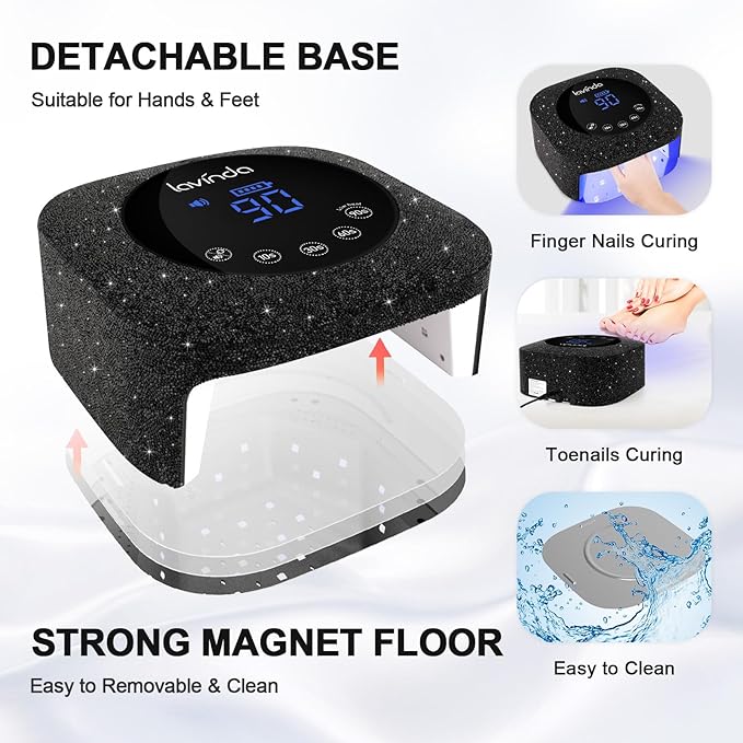 Lavinda 54W UV Nail Lamp, UV Light for Gel Nails, Cordless Rechargeable UV LED Nail Lamp Nail Light with 4 Timer and LCD Display, Professional Fast Curing Lamp Nail Dryer with Black Rhinestone