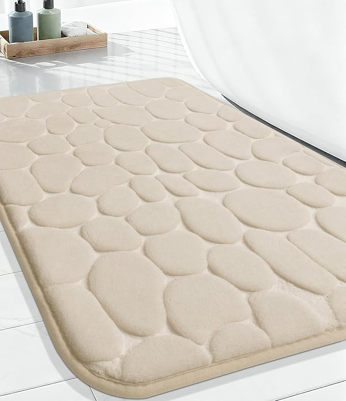 YIHOUSE Memory Foam Runner Rug, Cobblestone Bathroom Runner Rugs Super Water Absorbent Bath Mats for Bathroom Machine Washable Bath Rugs for Hallway Bedroom Laundry Room(26 x 50,Khaki)