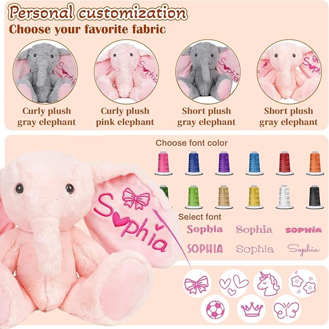 Personalized Elephant Stuffed Animals for Babies, Custom Plush with Embroidered Name, Stuffed Elephant Toys for 3 Years Old Girl Gifts, Birthday Easter for Baby Boys Girls Toddlers Newborn