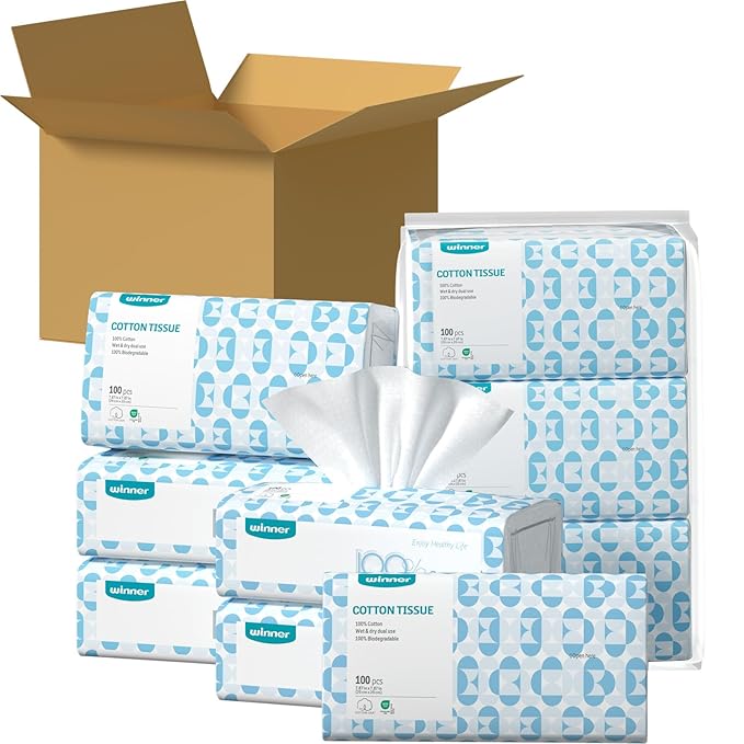 Winner Soft Face Towels, 100% USDA Biobased Facial Towels, 2 Packs per Case, 6 Bags per Pack (12 Bags Total)