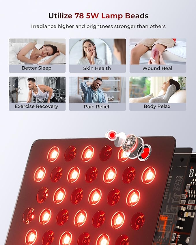 Red Light Therapy Panel with 7 Wavements - 78 LEDs 3+4 Chips, Blue Light, Red and Near Infrared Light Therapy Devices for Body and Face, Clinical Grade RLT Led Pad Great to Use at Home, Office, Gym