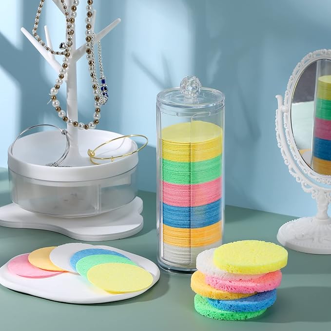 Sieral 120pcs Compressed Facial Sponges Disposable Natural Face Sponges Round Soft Pads with Container for Washing Face Cleansing Exfoliating Esthetician Makeup Removal Travel(Multicolor)