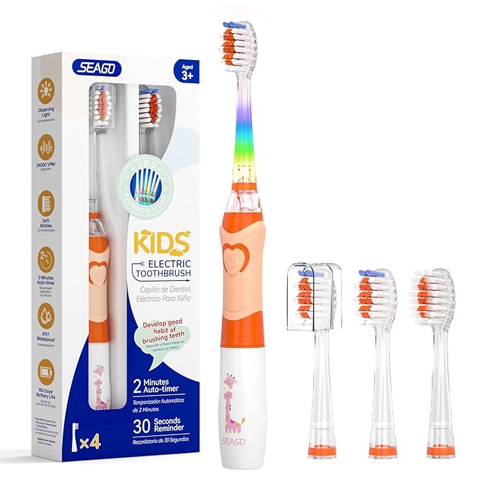 SEAGO Kids Electric Toothbrush with 2 Mins Brushing Timer and 4 Replacement Bursh Heads, Rainbow LED Light Make Brushing Fun, Boys Battery Powerd Toothbrush for 4-12 Years Old，SG-977(Orange)
