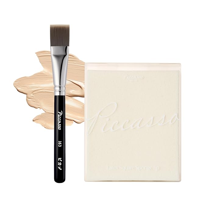Piccasso Flawless Adherence Set – 163 Foundation Brush + 6P Latex Round Makeup Sponges, Korean Beauty Tools for Natural Glow & Smooth Base, Perfect for Dewy or Matte Finish