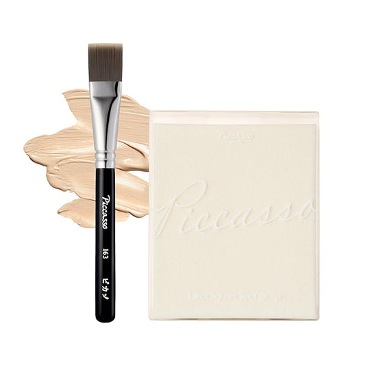Piccasso Flawless Adherence Set – 163 Foundation Brush + 6P Latex Round Makeup Sponges, Korean Beauty Tools for Natural Glow & Smooth Base, Perfect for Dewy or Matte Finish