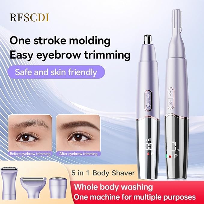 5-in-1 Rechargeable Nose & Ear Hair Trimmer - IPX7 Waterproof Dual Edge Grooming Kit for Men & Women, Perfect for Hair Removal of Nose, Eyebrows, Beard, Bikini, and Facial Hair (Purple)