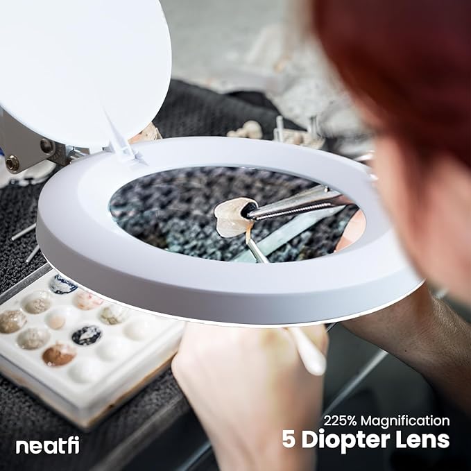 Neatfi (New Model) LED Magnifying Lamp with Clamp, 5D Magnification, 120Pcs SMD LEDs, 12W, Adjustable Color Temperature (White, 5-Inch Lens, 5 Diopter)
