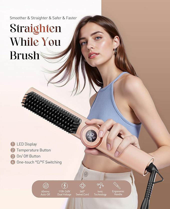 Hair Straightener Brush for Women: Negative Ionic Curling & Straightening Brush with Fast Heating, Reduce Damage & Anti-Scald, Gold