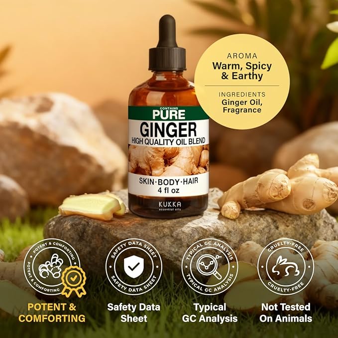 KUKKA Ginger Essential Oils - 4 Fl Oz - for Hair, Skin, Diffuser, Aromatherapy & DIY Soap Making Scent