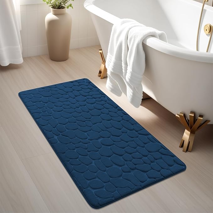 YIHOUSE Memory Foam Runner Rug, Cobblestone Bathroom Runner Rugs Super Water Absorbent Bath Mats for Bathroom Machine Washable Bath Rugs for Hallway Bedroom Laundry Room(26 x 50,Dark Blue)