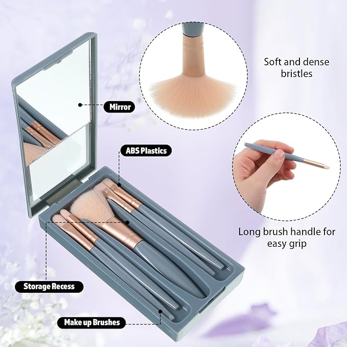 5 Pcs Mini Makeup Brushes, Travel Makeup Brush Set, Professional Cosmetic Brush with Case and Mirror, Portable Travel Size Make up-Brush, Complete Function Cosmetic Brushes Kit for Women (Blue)