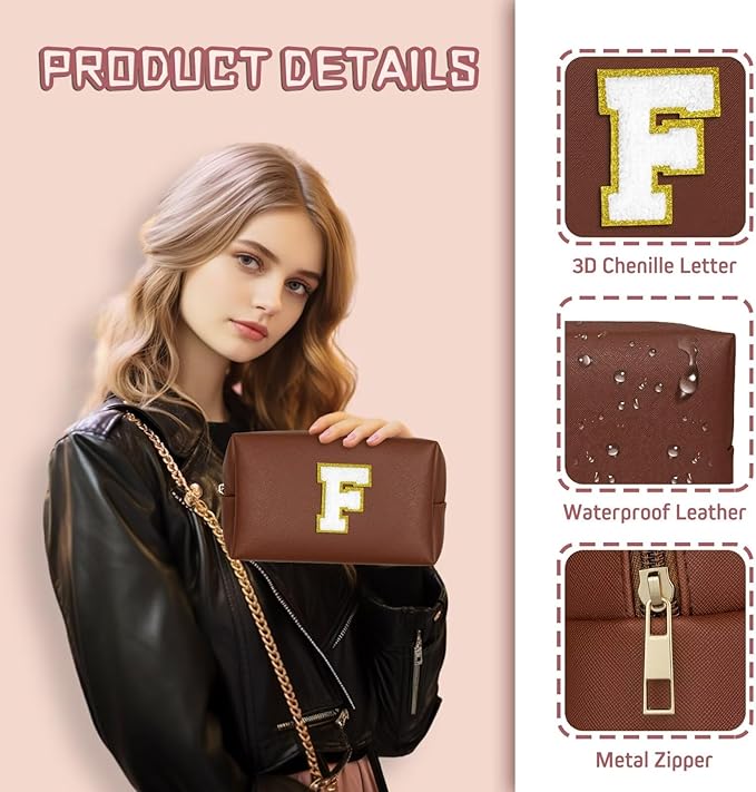 TOPEAST Initial Makeup Bags for Women, Personalized Portable Cosmetic Bag for Travel, Cute Makeup Pouch, PU Leather Waterproof Toiletry Bag, Preppy Things for Girl (Brown V)
