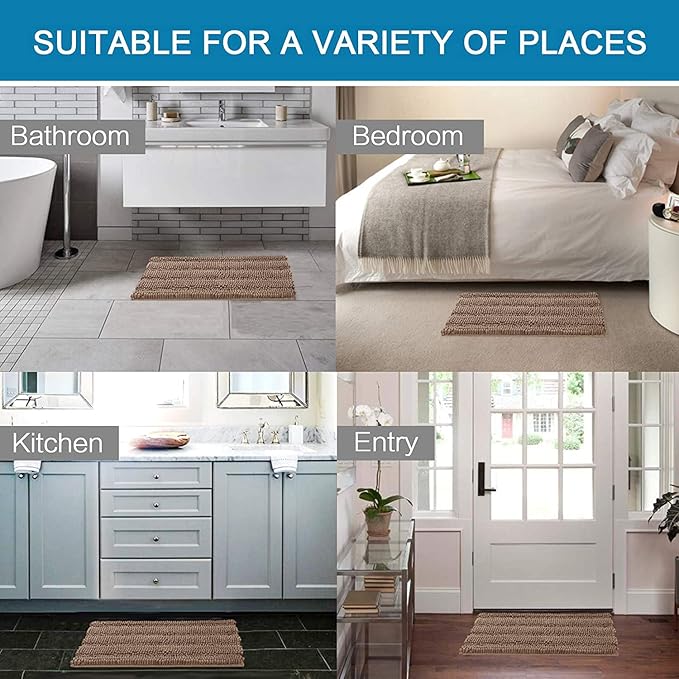 H.VERSAILTEX Bathroom Rugs Bath Rugs for Bathroom Non Slip Bath Mats Extra Thick Chenille Striped Rug 17" x 24" Absorbent Soft Shaggy Washable Dry Fast Bath Mats for Bath Room Floor - Taupe Brown