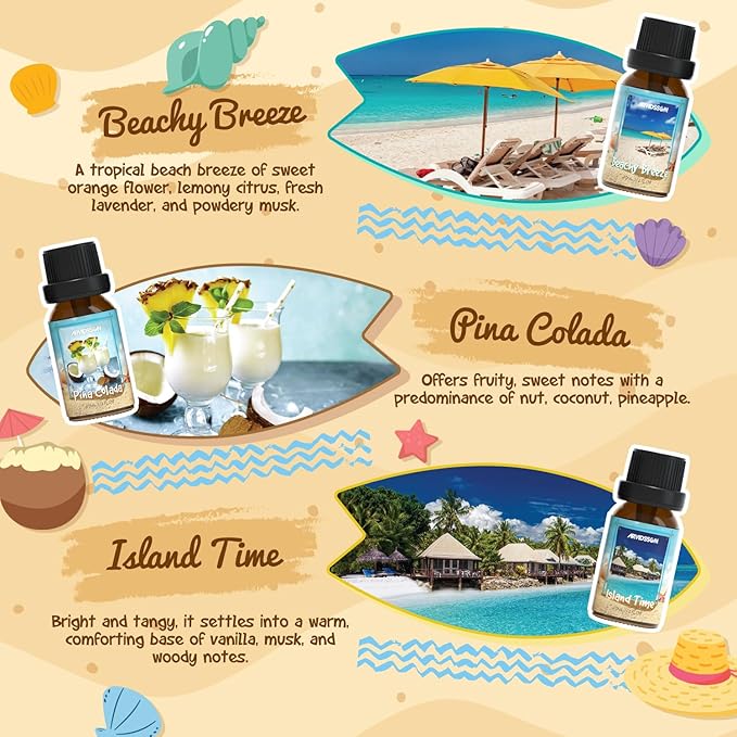 Beach Fragrance Oils Set, ARVIDSSON Summer Essential Oils for Diffuser - Beachy Breeze, Ocean Air, Pina Colada, Pink Sand, Sea Salt, Island Time, Tropical Scented Oil