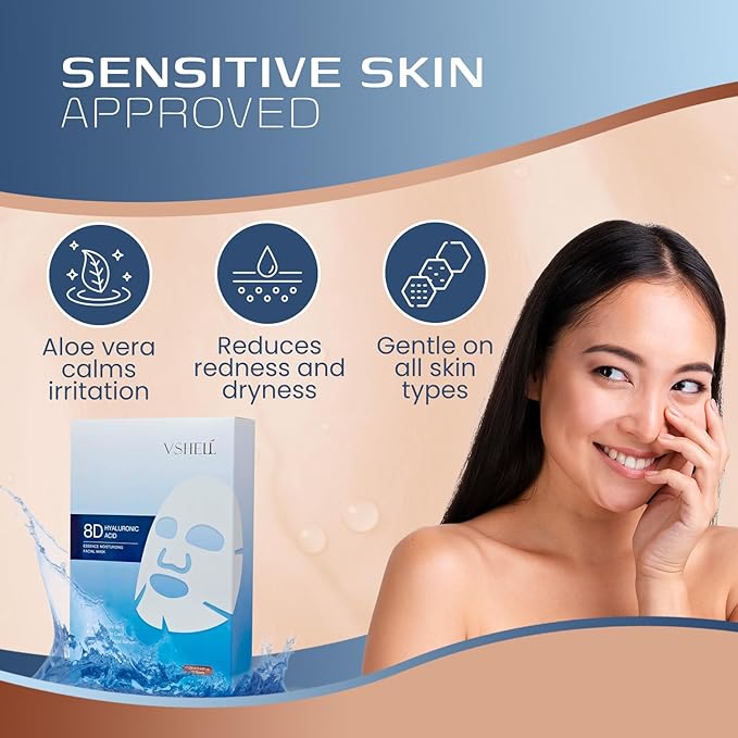 Hyaluronic Acid Face Sheet Mask, Set of 10 - Hydrating Korean Beauty Treatment - Moisturising Facial Skincare for Women and Men - With Aloe Vera, Trehalose and Anti Aging Squalene
