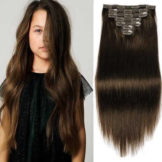 18" Clip in Human Hair Extensions Full Head 150g 7 Pieces 16 Clips 4# Chocolate Brown Double Weft Brazilian Real Remy Hair Extensions Thick Straight Silky (18",150g Chocolate Brown)