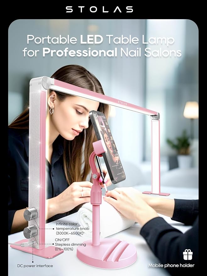Upgraded Nail Tech Lamp for Desk, 32 in Foldable Large Nail Light with Phone Holder, 3000K-6000K CRI＞95 LED Manicure Lamp, Half Moon Light for Lash Eyelash Extension, Tattoo, Eyebrows-Diamond Pink