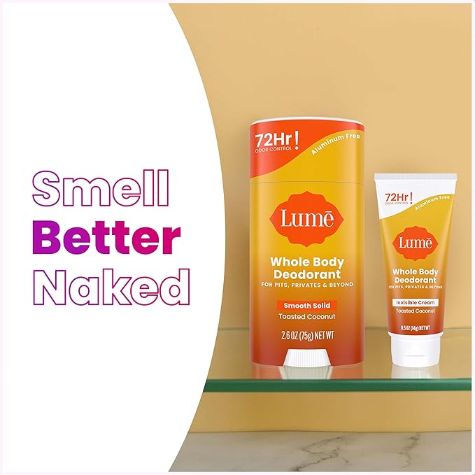 Lume Whole Body Deodorant - Invisible Cream Tube Mini and Solid Stick Bundle - 72 Hour Odor Control - Aluminum & Baking Soda Free, Skin Loving (Toasted Coconut)