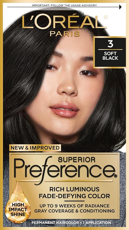 L'Oréal Paris Superior Preference Luminous Fade-Defying Permanent Hair Color, Hair Dye For Up to 9 Weeks of Radiance, Soft Black 3, 1 Hair Dye Kit