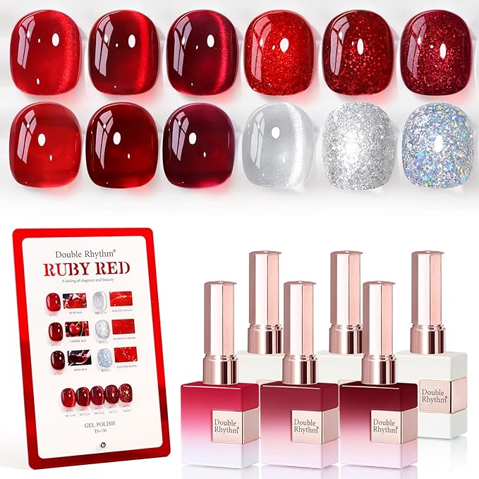 Double Rhythm 6 Pcs 15 ML Gel Polish Set Same Color Same Bottle Soak Off Gel Polish Kit Nail Art Manicure Salon DIY at Home for Women (Jelly Burgundy Red Glitter Silver -T6-56)