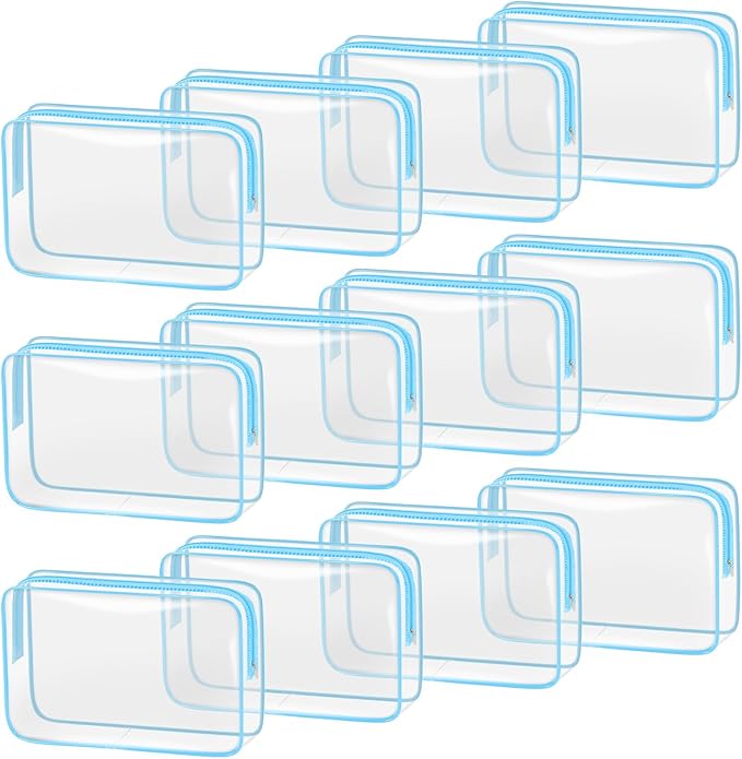 TISRATOK 12 PCS Clear Makeup Bag for Women with Zipper, TSA Approved Toiletry Pouch, Cosmetic Bag Bulk for Travel Organizer Essentials - Blue,Large