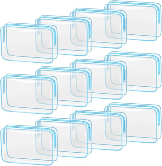 TISRATOK 12 PCS Clear Makeup Bag for Women with Zipper, TSA Approved Toiletry Pouch, Cosmetic Bag Bulk for Travel Organizer Essentials - Blue,Large