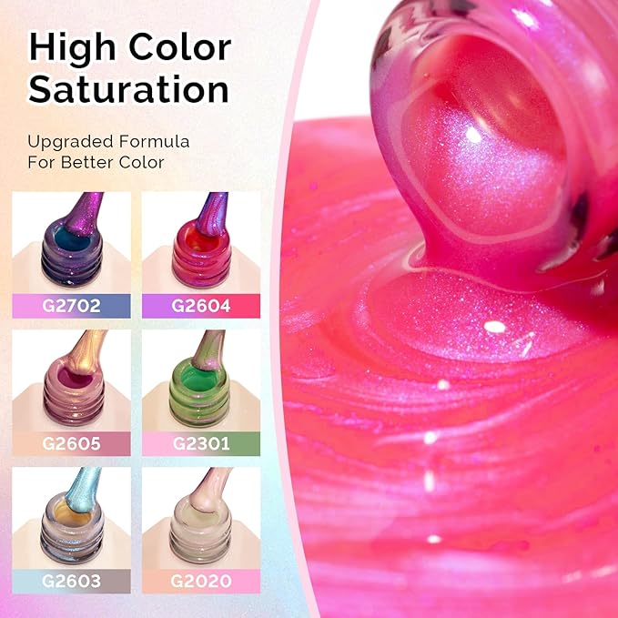 MelodySusie Pearl Gel Nail Polish Set, 6 Colors Aurora Shimmer White Green Pink Purple Blue Iridescent Mermaid Drawing Glitter Gel Polish Soak Off Swirl Shell Thread Effect Nail Art Gifts for Women