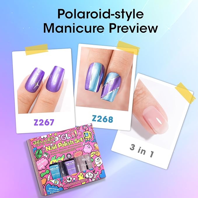 GELLEN Metallic Nail Polish, Chrome Mirror Purple Blue Nail Polish with 3-in-1 Base Coat Top Coat Strengthener Polish, Quick Air Dry Nail Lacquer Set, DIY Nail Art Manicure Gift for Women