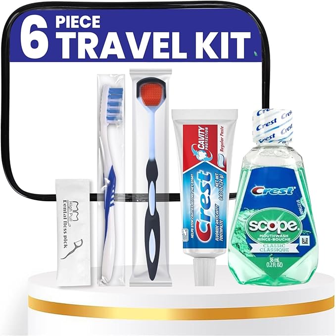 Trektote Bulk Toothpaste and Toothbrush Set- (100 Pack) 6 Piece Dental Care Kit, TSA Compliant, Includes Toothpaste, Toothbrush, Mouthwash, Flosses and Premium Toiletry Bag