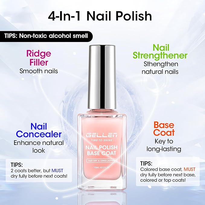 GELLEN 4‑in‑1 Clear Nail Polish Base Coat Sheer Tinted Milky Pink, Ridge Filler, Nail Strengthener & Concealer, Calcium Formula Strengthens Nails, Enhances Natural Look, No HEMA, Anti-yellowing