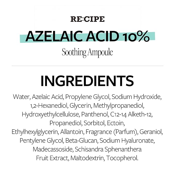 RECIPE Azelaic Acid 10 Soothing Ampoule - Soothing Serum, Facial Serum for Sensitive skin - Korean Skincare for Mild Breakouts (1.01 fl oz)