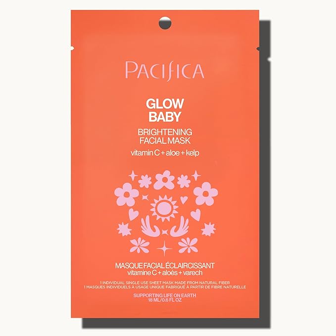 Pacifica Sheet Face Mask - 12 Pack - Glow Baby Brightening Facial Mask w/Vitamin C, Aloe & Kelp – Cooling Mask for Dark Spots & Fine Lines - Clean Beauty Vegan & Cruelty-Free Dermatologist Tested