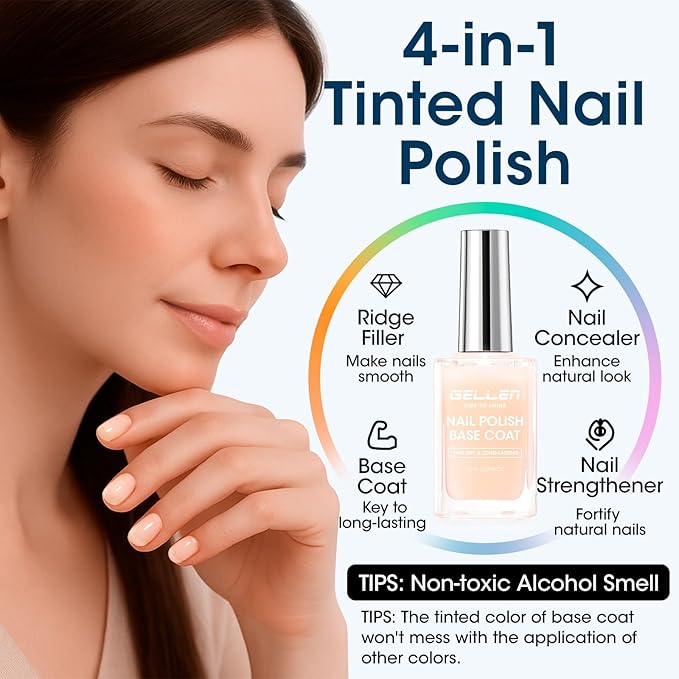 GELLEN 4‑in‑1 Clear Nail Polish Base Coat Sheer Tinted Cream Milky, Ridge Filler For Nails, Nail Strengthener Concealer, Calcium Formula Smoothes Strengthens Nails, Enhances Natural Look, HEMA Free