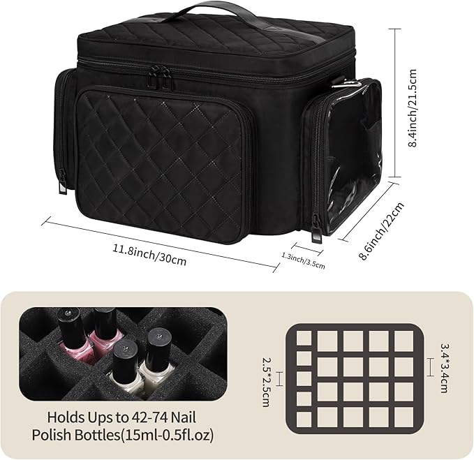 Nail Polish Organizer, Nail Polish Storage Holds 42+ Bottles & Nail Lamp, Portable Travel Nail Kit Storage Carrying Case Fits Nail Suppiles, Gift for Manicurist, Grils - Black