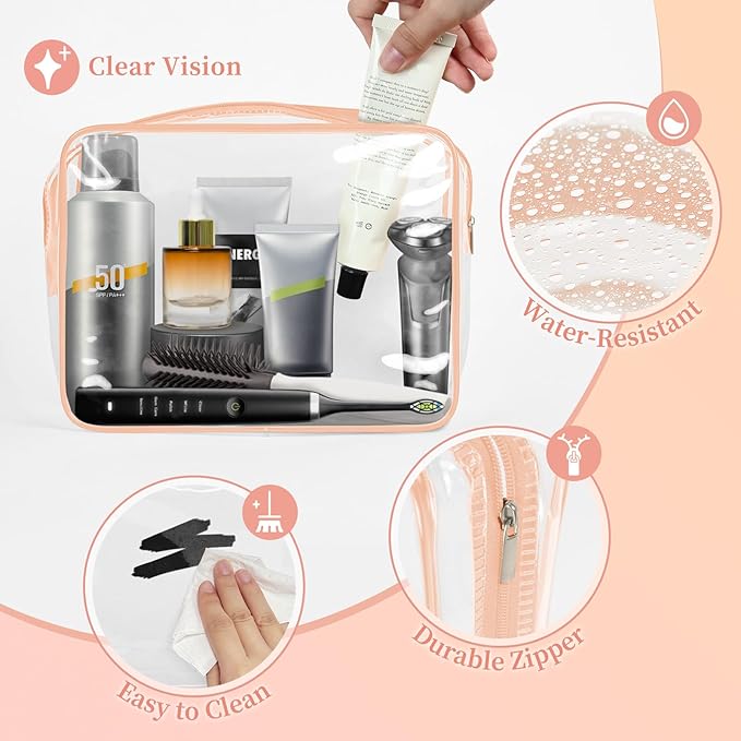 TISRATOK 12 PCS Clear Makeup Bag for Women with Zipper, TSA Approved Toiletry Pouch, Cosmetic Bag Bulk for Travel Organizer Essentials - Orange-pink, Large