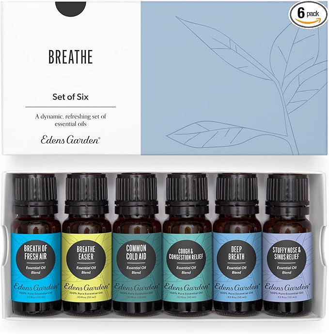 Edens Garden Essential Oils Breathe 6 Set – 100% Pure Therapeutic Grade, Natural Aromatherapy Blends for Sinus Relief, Stuffy Nose & Respiratory Support – Undiluted for Diffusers, 10 ml/ 6 Pack
