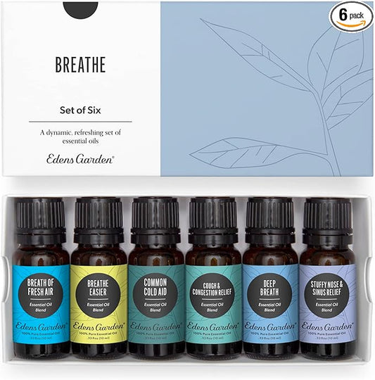 Edens Garden Essential Oils Breathe 6 Set – 100% Pure Therapeutic Grade, Natural Aromatherapy Blends for Sinus Relief, Stuffy Nose & Respiratory Support – Undiluted for Diffusers, 10 ml/ 6 Pack