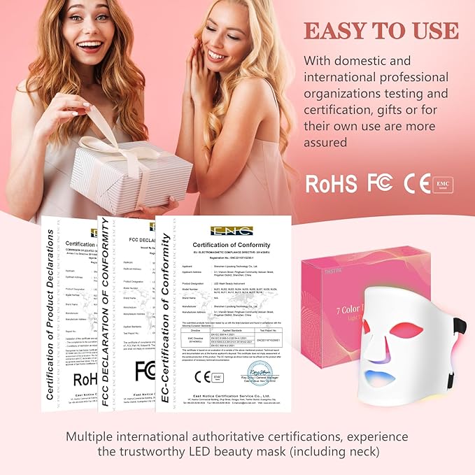 Led Face Mask Light Therapy,Red Light Therapy for Face and Neck,7 Colors LED Facial Skin Care Mask,5 Level Brightness Adjustment,309 LED Beads Can Be Used at Home,White
