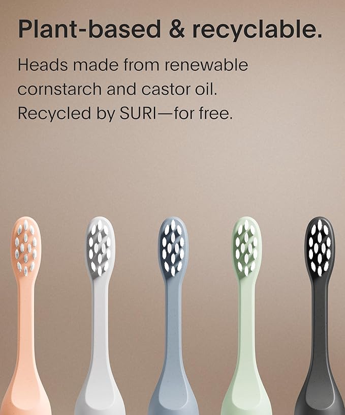 SURI Recyclable Plant-Based, Electric Toothbrush Heads - Built-in Tongue Scraper, Long Lasting Replacement Heads | Compatible Only Sonic Electric Toothbrush - Sea Mist, Pack of 3