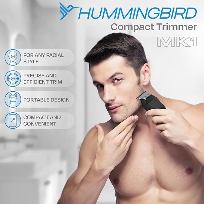 HUMMINGBIRD MK1 Compact Trimmer – Portable Electric Beard & Body Hair Trimmer for Men, Cordless USB-C Rechargeable, Face & Body Groomer, Travel Shaver, Travel Pouch, Great Gifts for Men, Dad, Husband