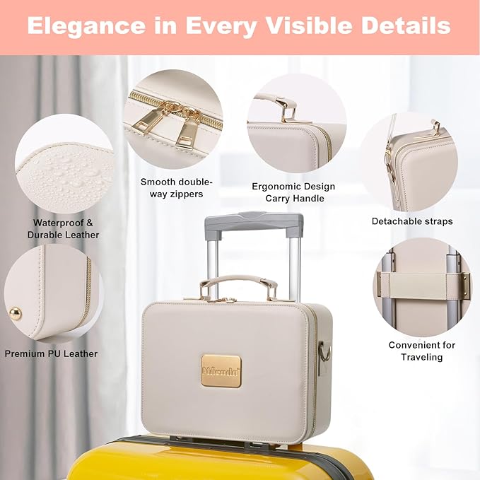 Mocado Travel Makeup Bag with LED Lighted Mirror,Makeup Case with 3 Color Lighted Setting and 10x Magnifying Mirror, Portable Storage and Adjustable Dividers (White with Hard Leather)