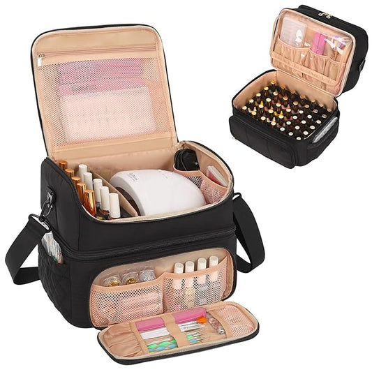 Nail Polish Organizer, Nail Organizers And Storage Bag Holds 48 Bottles & Full Size Nail Lamp, Double Layer Nail Tech Travel Case for Nail Supplies & Manicure Kit & Pedicure Tools (Black, 48 Slots)