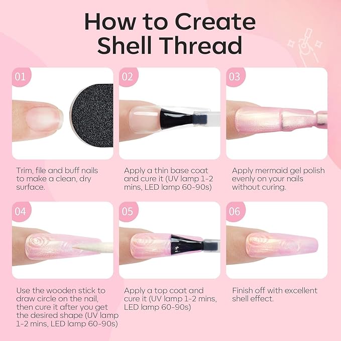 Modelones Gel Nail Polish, 15 ML Shimmer Pearl Pink Nail Polish Drawing Glitter Soak Off Mermaid Glitter Nail Gel Polish Swirl Shell Thread Effect DIY Gift for Girls Women