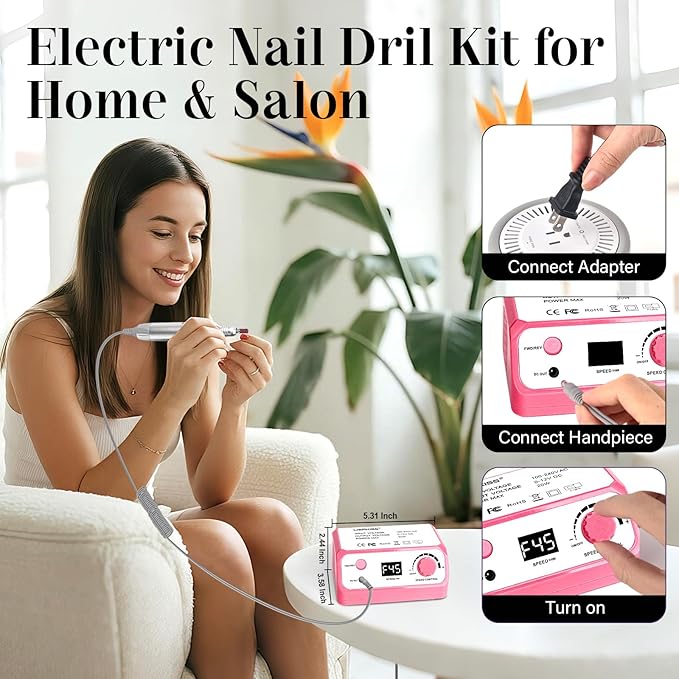 Nail Drill Professional 45000RPM Drils Nail Electric Nail File Nails Drill with Sanding Bands and Nail Drill Bits for Acrylic, Gel Nail Manicure & Pedicure, Pink