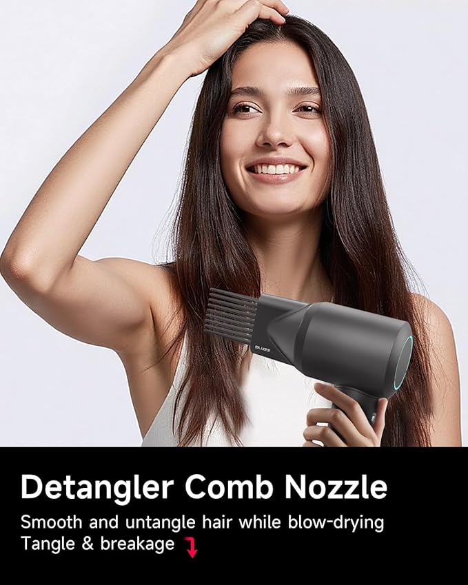 Hair Dryer with Comb & Diffuser Attachment for Curly Hair, PLUZZ 200M Negative Ionic Blow Dryer Brush, High-Speed Brushless Motor Hairdryer Fast, Portable Travel Hair Dryers Quiet, Women/Men/Kids