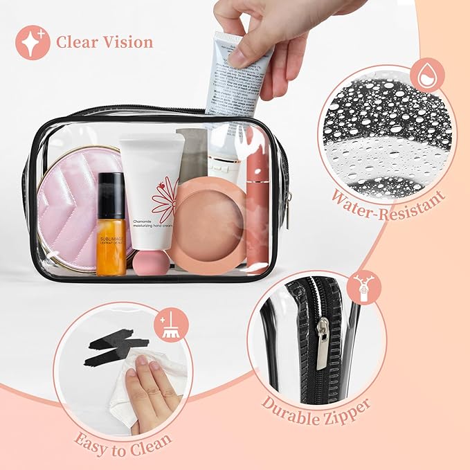 TISRATOK 12 PCS Clear Makeup Bag for Women with Zipper, TSA Approved Toiletry Pouch, Cosmetic Bag Bulk for Travel Organizer Essentials - Black,Small