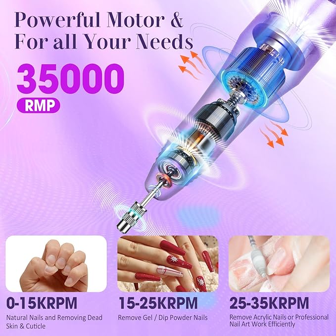 Electric Nail File Nail Drill Professional 35000RPM Nail Dril Electric E Filer for Nails with 100pcs Sanding Bands and Nail Drill Bits for Acrylic, Gel Nail Manicure & Pedicure