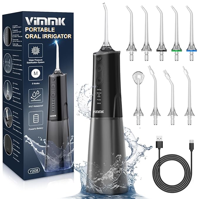 Water Flosser, Cordless Water Dental Flosser, 9 Jet Tips 5 Modes 300ML IPX7 Waterproof, Portable Rechargeable Oral Irrigator for Home Travel - Gums, Orthodontic, Braces Care - Black
